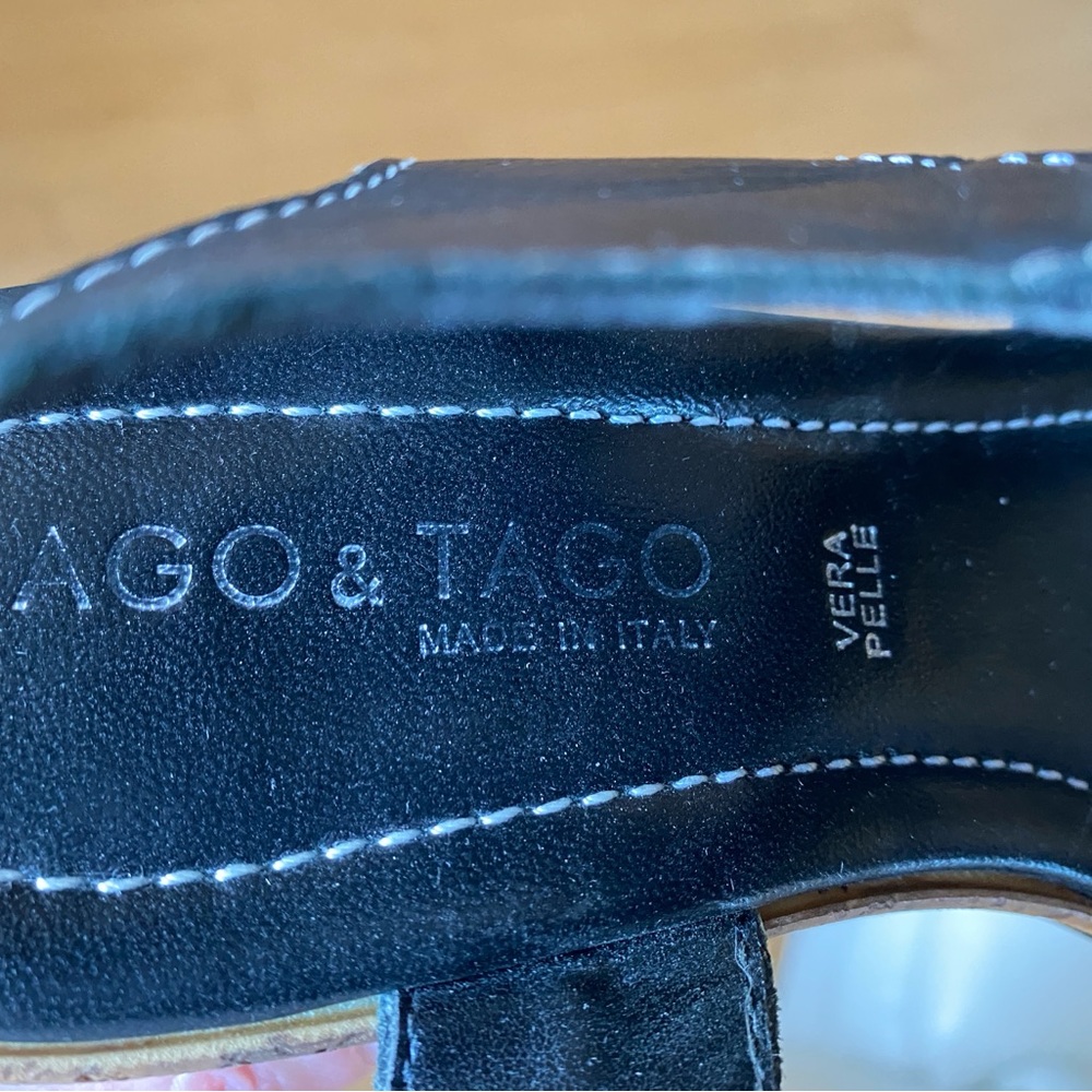 Black Leather Wedge Sandals with Geometric Straps - Picture 7 of 10